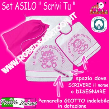 Set asilo 3 pezzi tema gattini "SCRIVI TU" Bianco/Fuxia