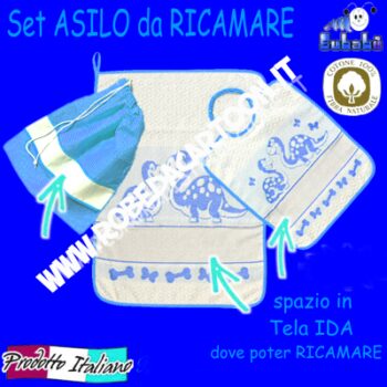 Set asilo 3 pezzi tema dinosauri da ricamare bianco/celeste