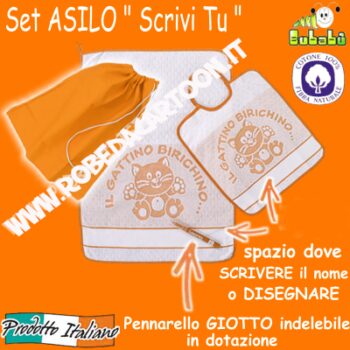 Set asilo 3 pezzi tema gattini "SCRIVI TU" Bianco/Arancio