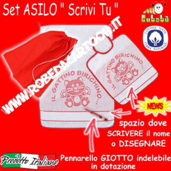 Set asilo 3 pezzi tema gattini "SCRIVI TU" Bianco/Rosso