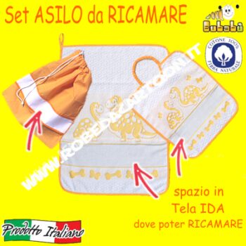 Set asilo 3 pezzi tema dinosauri da ricamare bianco/giallo