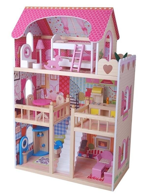 Casa delle bambole in legno Tetto rosa a 3 piani girevole 