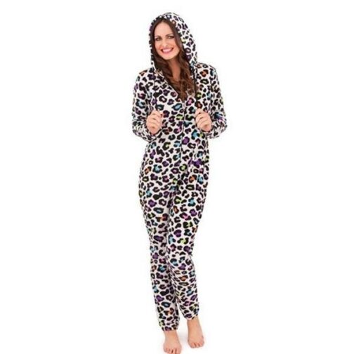 Pigiama intero donna leopardato multi-color con cappuccio