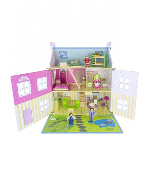 Leomark Casa di bambola in legno blu con mobili e bambole