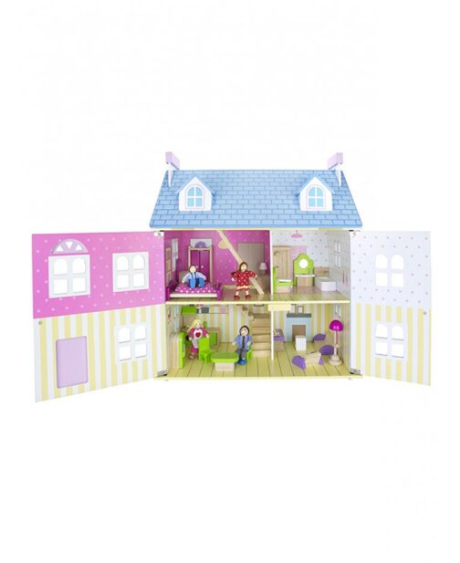 Leomark Casa di bambola in legno blu con mobili e bambole